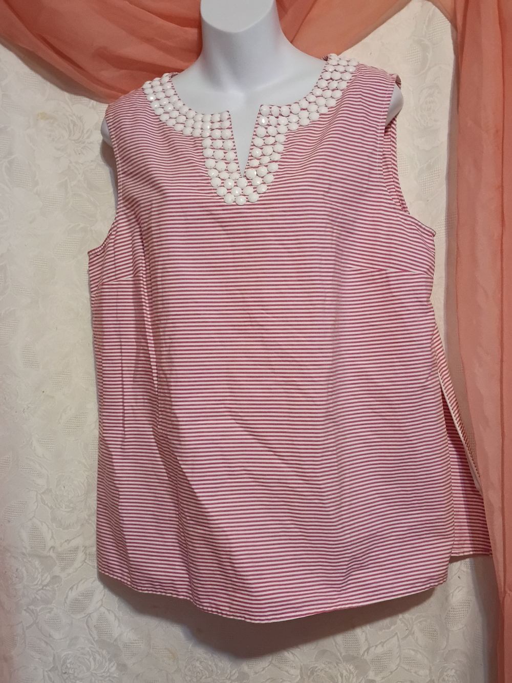 Talbots Ladies Sleeveless Pink Striped Beaded Neck Top Sz 16